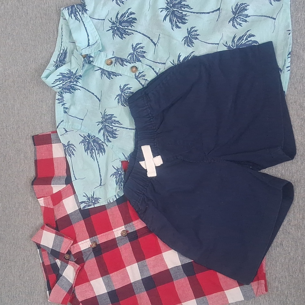 Carters 3 Pcs Bundle Shorts & Button-up T-shirt Beach Palm Print & Classic Red